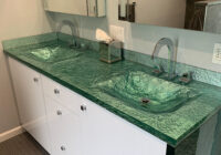 Glass Bathroom Vanity Top with 2 sinks and 2 mirrors and white cabinets